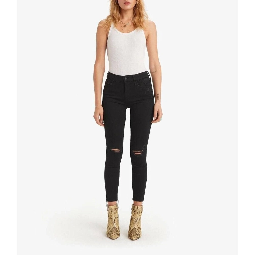 Mother Looker Ankle Fray Guilty As Sin Black Jeans Size 27‎ Distressed Denim